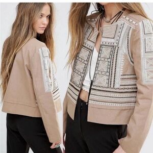 Anthropologie Moon River | khaki cotton embroidered and studded boho jacket